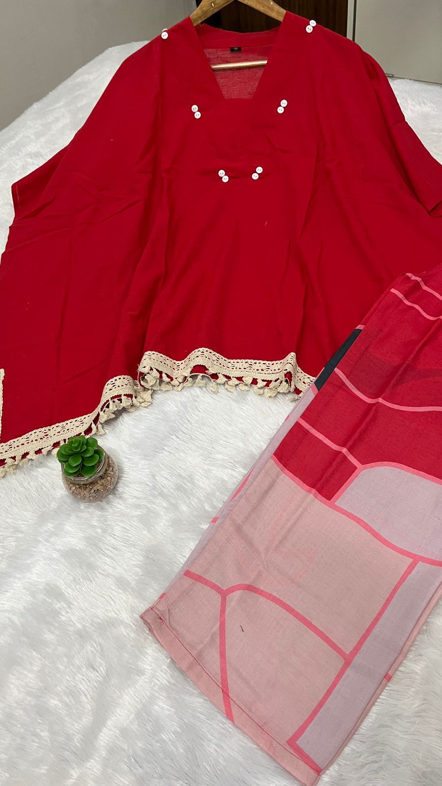 Red kaftan style cotton co-ord set full look - WishTown Fashion Club