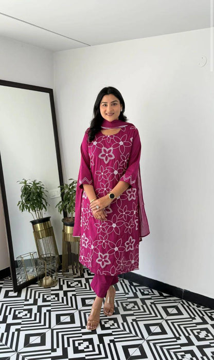 Purple pure cotton co-ord set with thread embroidery front view - WishTown Fashion Club