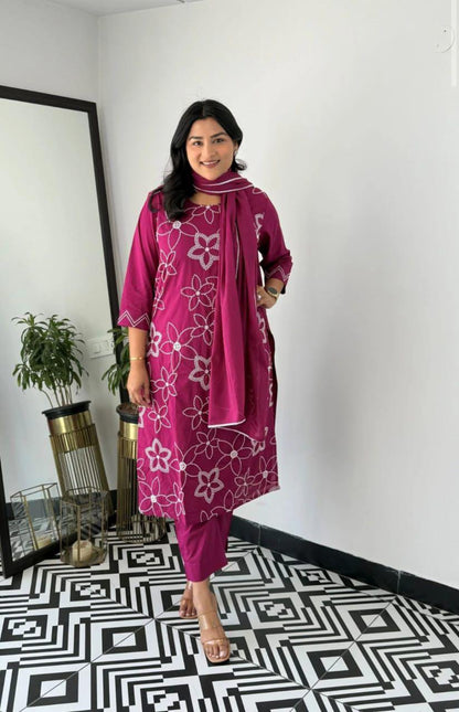 Purple embroidered cotton co-ord set casual wear look - WishTown Fashion Club