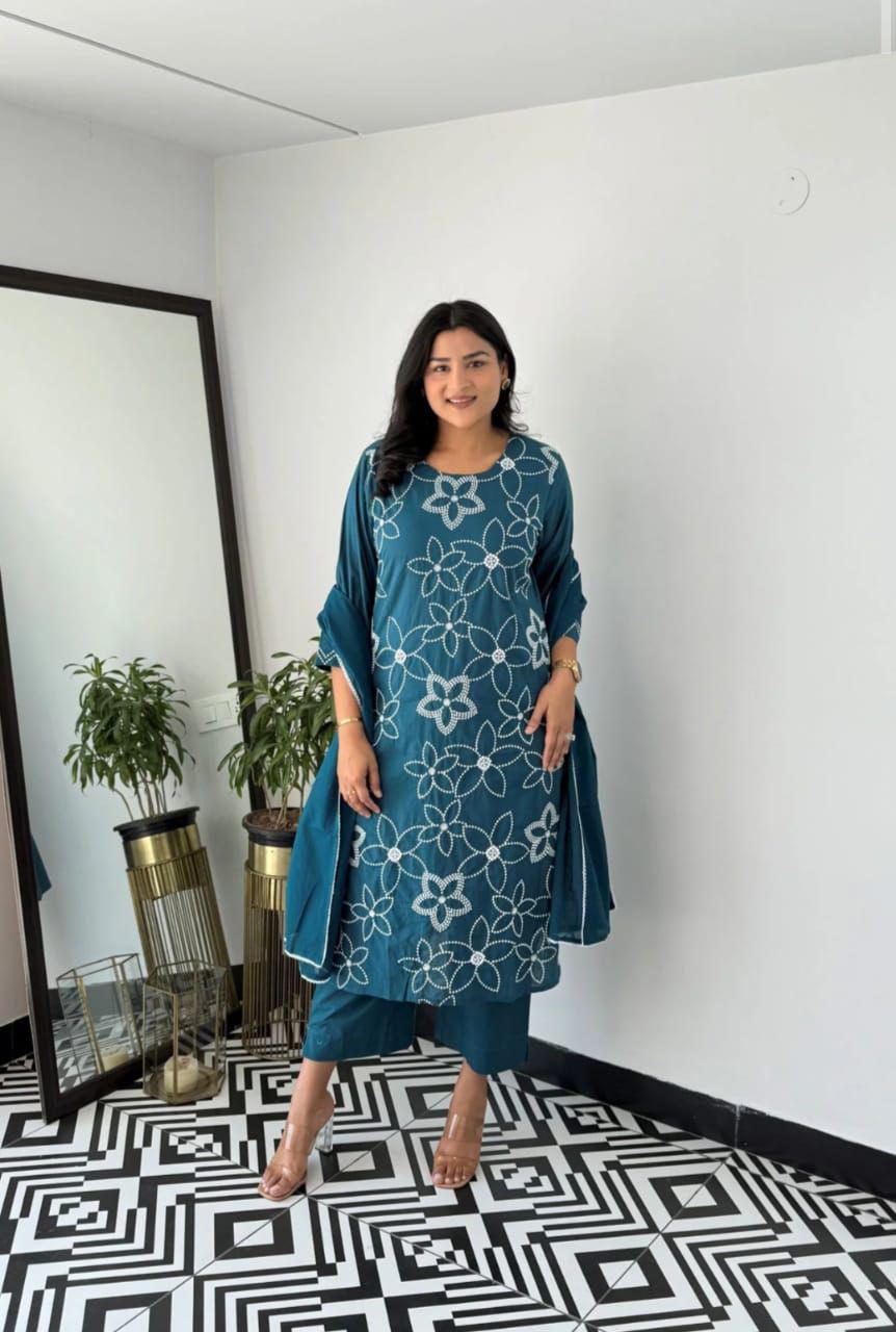 Blue embroidered cotton co-ord set for office and casual wear - WishTown Fashion Club