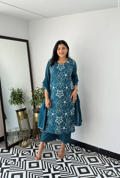Blue embroidered cotton co-ord set for office and casual wear - WishTown Fashion Club