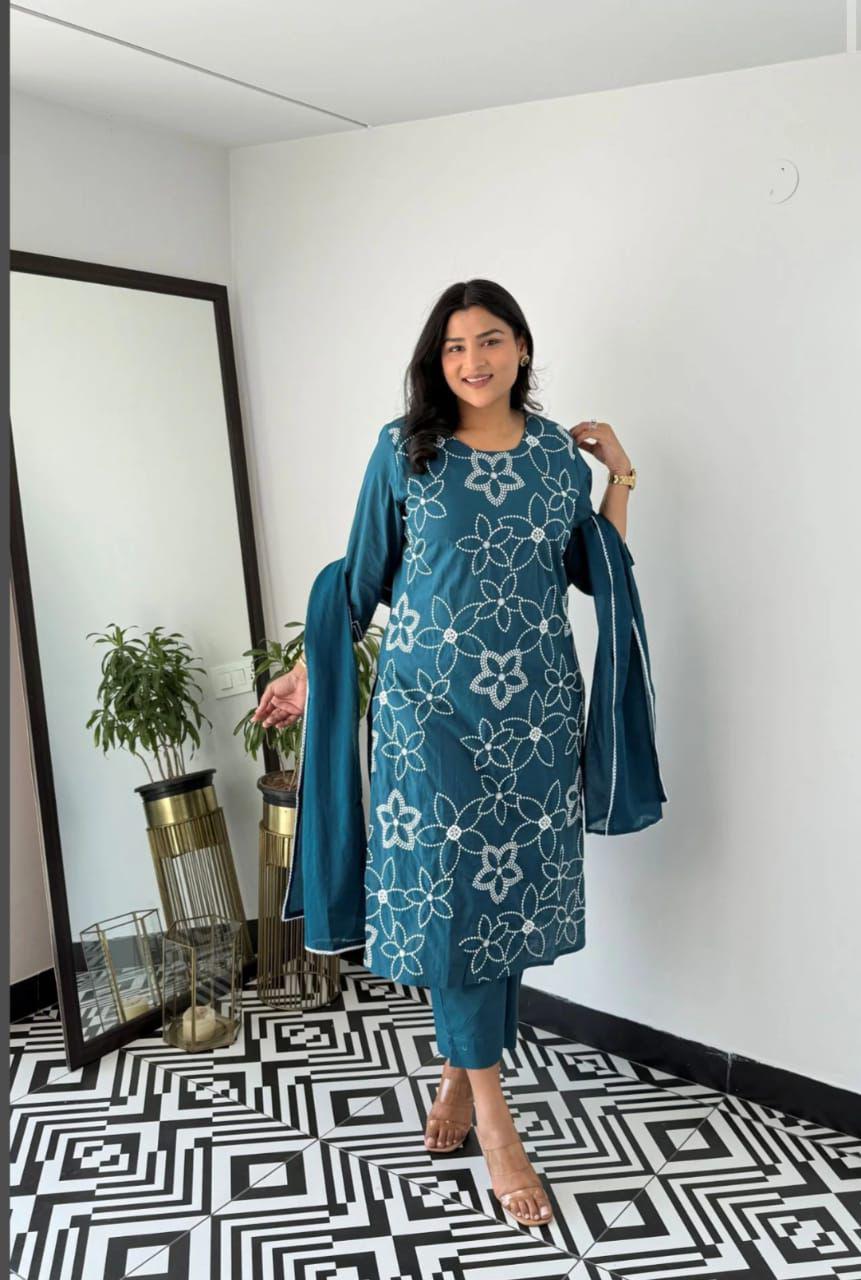 Blue cotton 60x60 co-ord set embroidery detailing close up - WishTown Fashion Club