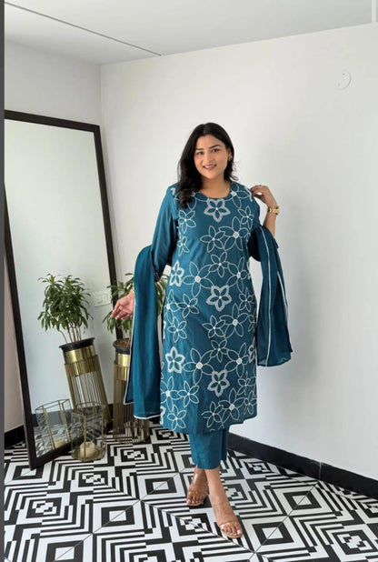 Blue cotton 60x60 co-ord set embroidery detailing close up - WishTown Fashion Club