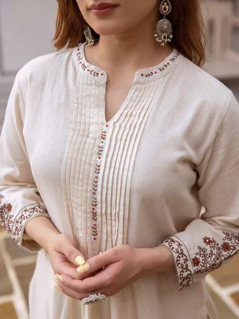 Off white embroidered cotton flex kurti pant ethnic wear look - WishTown Fashion Club