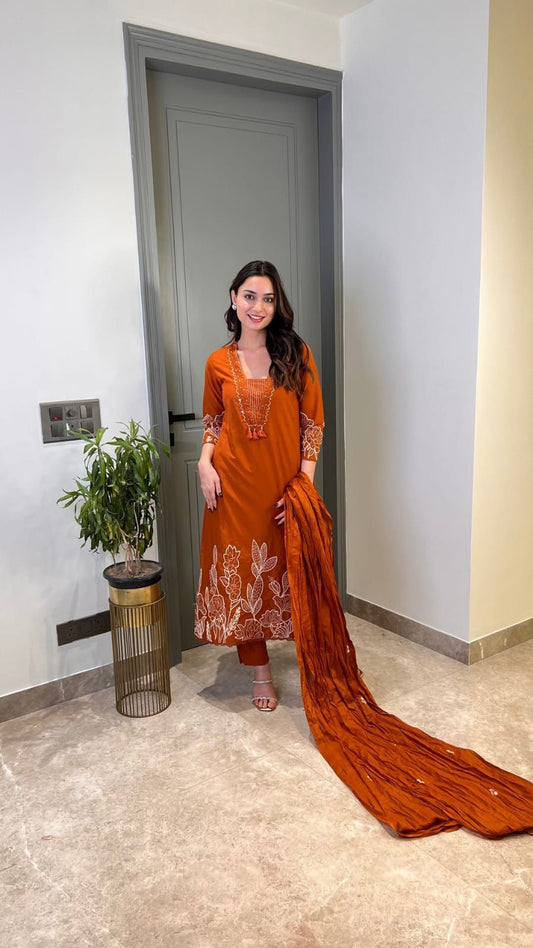Rust orange cotton embroidered kurti pant dupatta set front view - WishTown Fashion Club