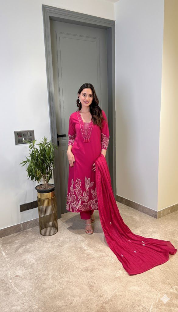 Dark pink cotton suit set with full embroidery work - WishTown Fashion Club