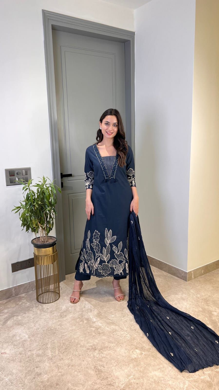 Navy blue pure cotton suit set with thread embroidery - WishTown Fashion Club