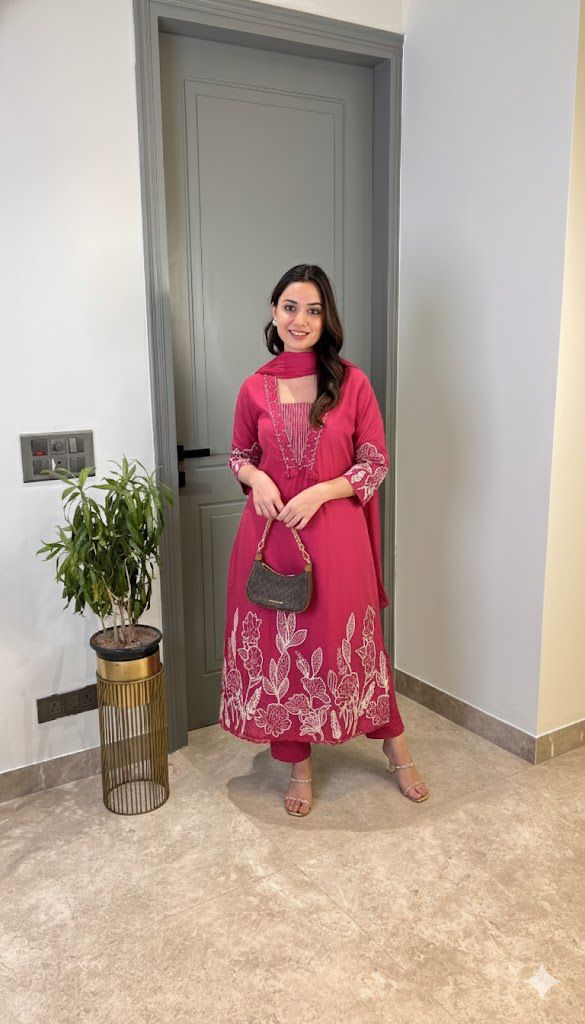 Dark pink embroidered cotton kurti pant dupatta ethnic wear - WishTown Fashion Club