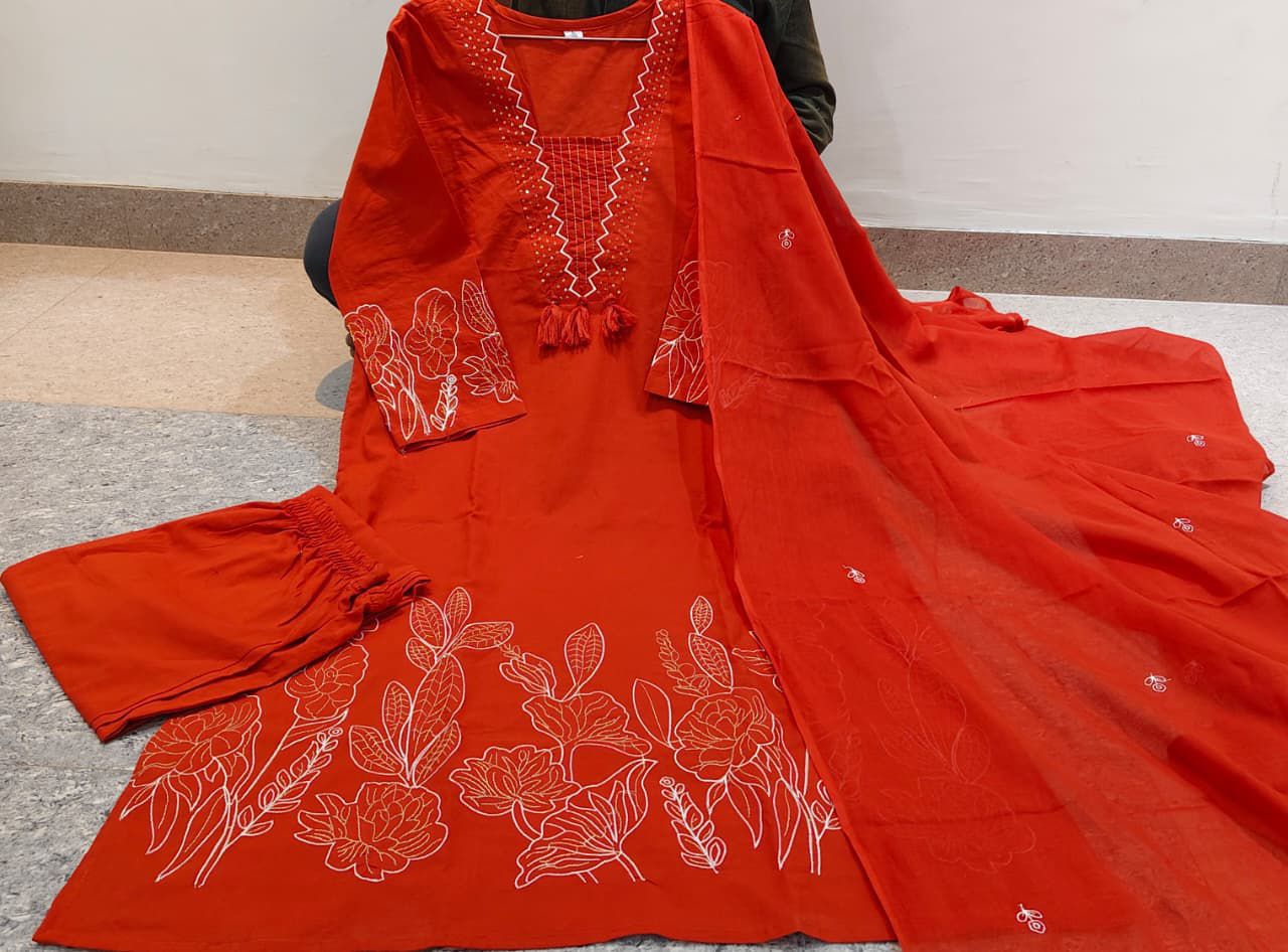 Rust orange pure cotton suit set with thread work detailing - WishTown Fashion Club