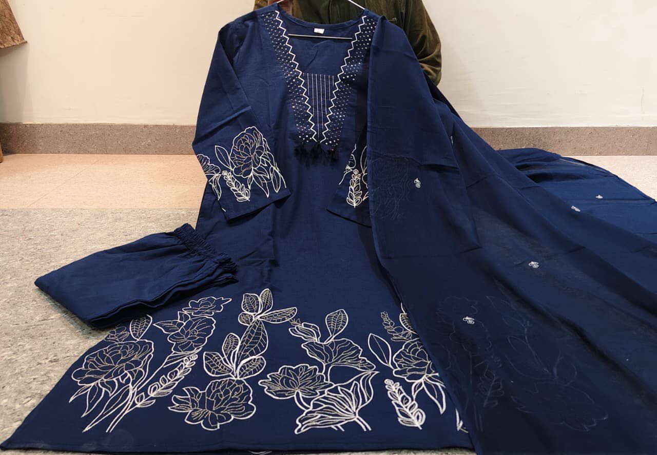 Navy blue daily wear cotton kurta set with embroidered dupatta - WishTown Fashion Club