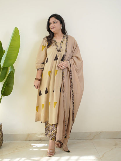 Cream cotton printed A-line kurta plazo dupatta set front view - WishTown Fashion Club