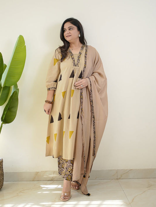 Cream cotton printed A-line kurta plazo dupatta set front view - WishTown Fashion Club