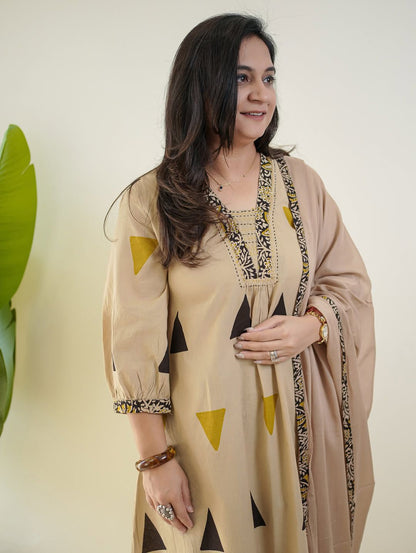 Cream voluminous cotton kurta with plazo and malmal dupatta - WishTown Fashion Club