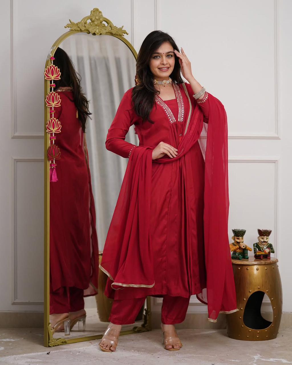 Red cotton Anarkali suit set with zari embroidery front view - WishTown Fashion Club