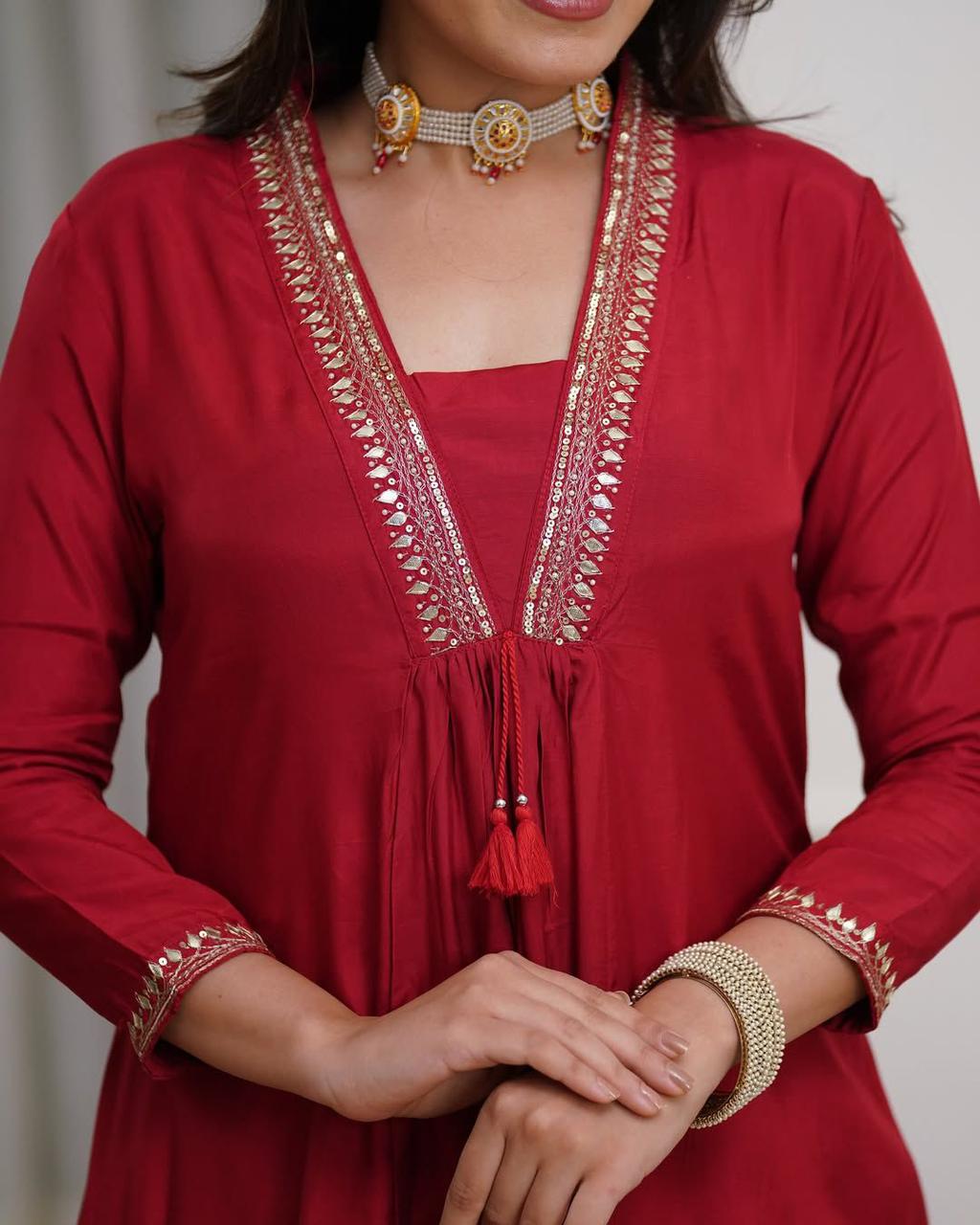Red festive Anarkali kurti with golden zari neckline work - WishTown Fashion Club
