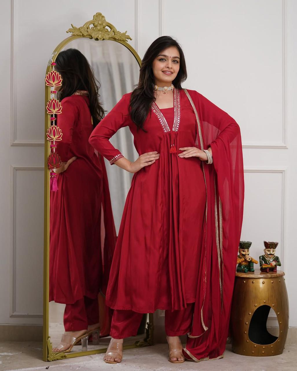 Red cotton Anarkali kurti pant dupatta set full look - WishTown Fashion Club