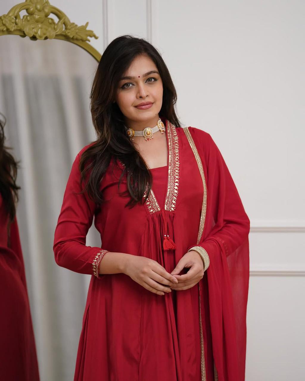 Red party wear Anarkali suit set with lightweight dupatta - WishTown Fashion Club