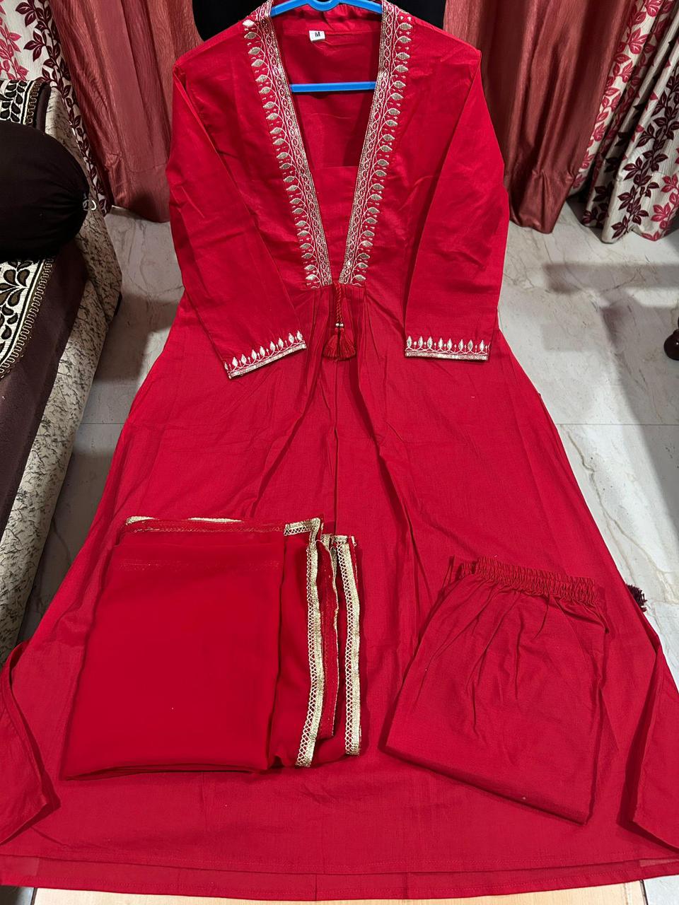 Red elegant cotton Anarkali suit detailed embroidery close up - WishTown Fashion Club