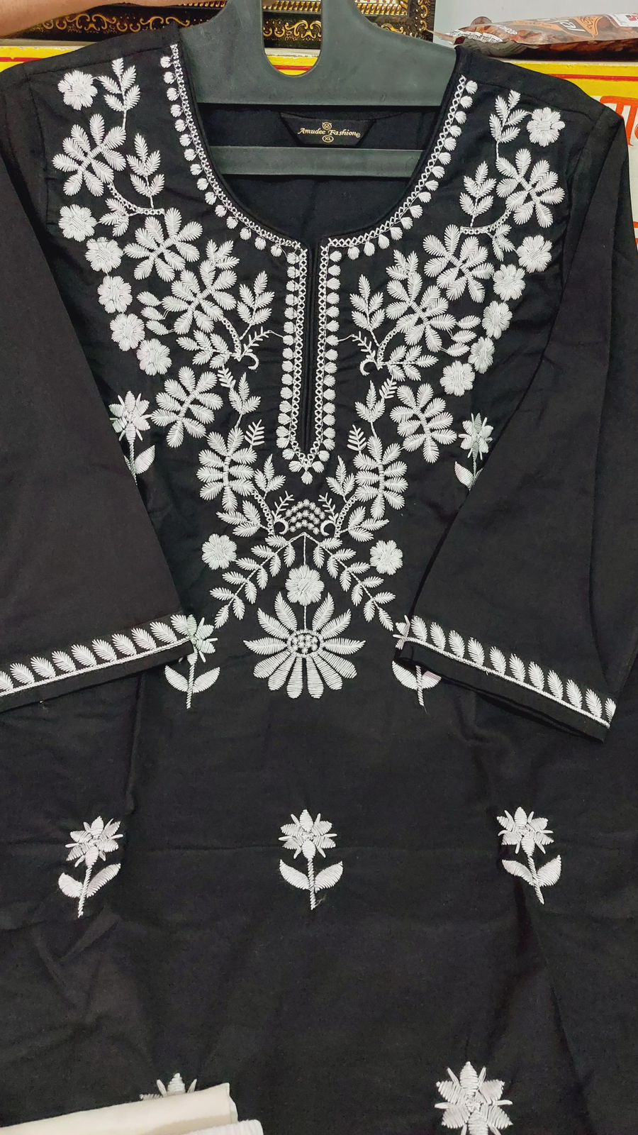 Black cotton kurta with embroidery detail and comfortable pant - WishTown Fashion Club