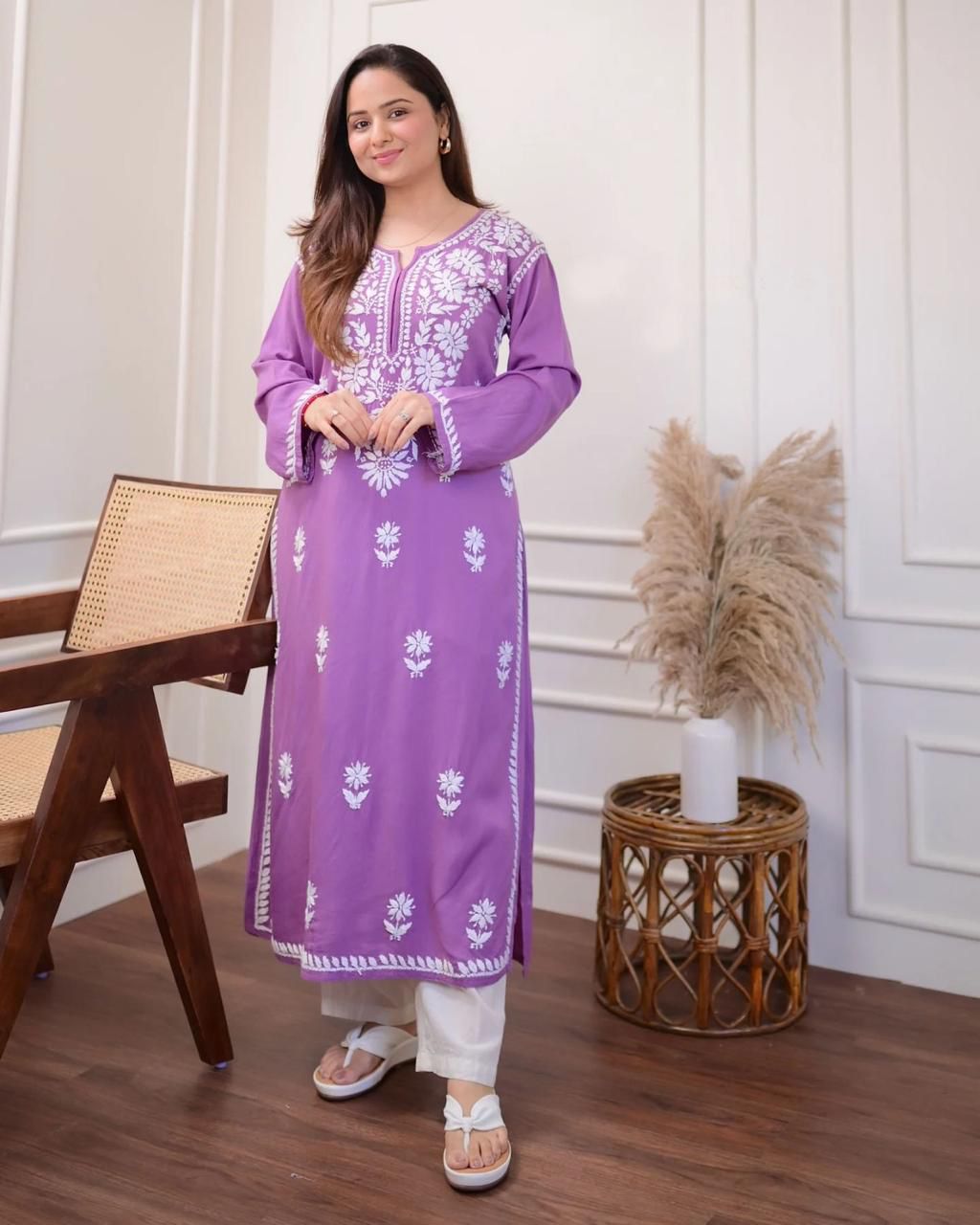 Purple cotton embroidered kurta with straight pant ethnic wear look - WishTown Fashion Club