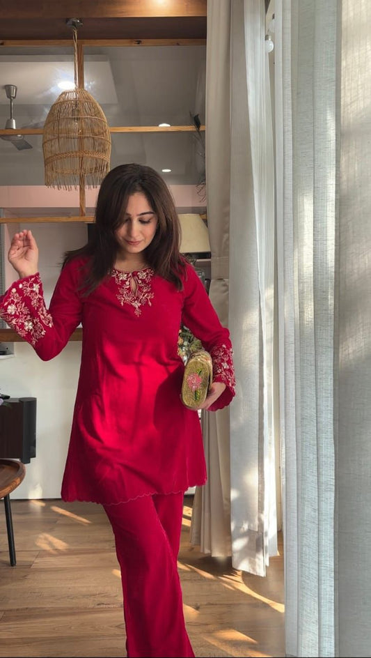 Dark pink cotton hand embroidery co ord set with gota and sequins work front view - WishTown Fashion Club