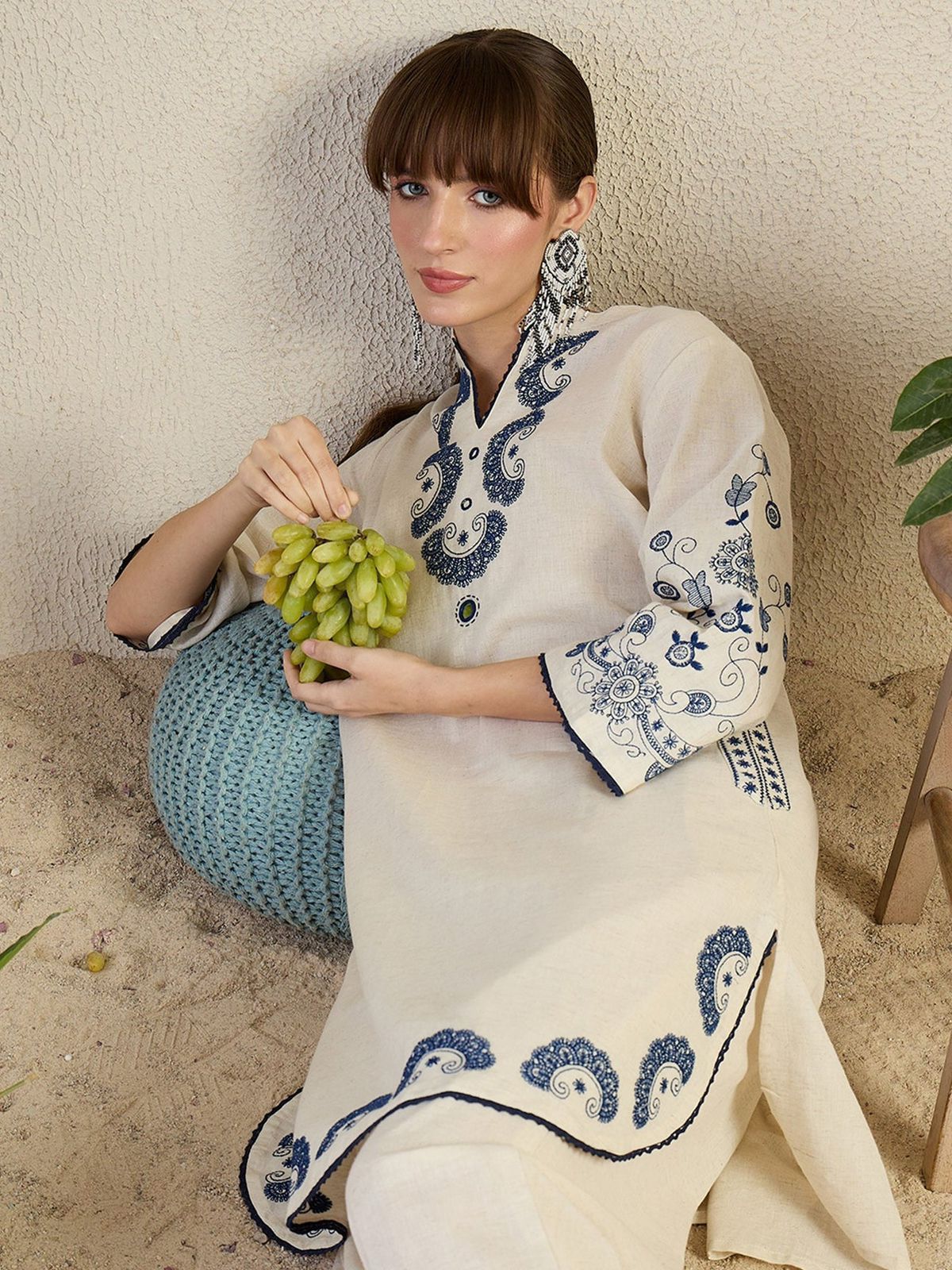 White premium cotton flex kurta set detailed embroidery on sleeves and pant - WishTown Fashion Club