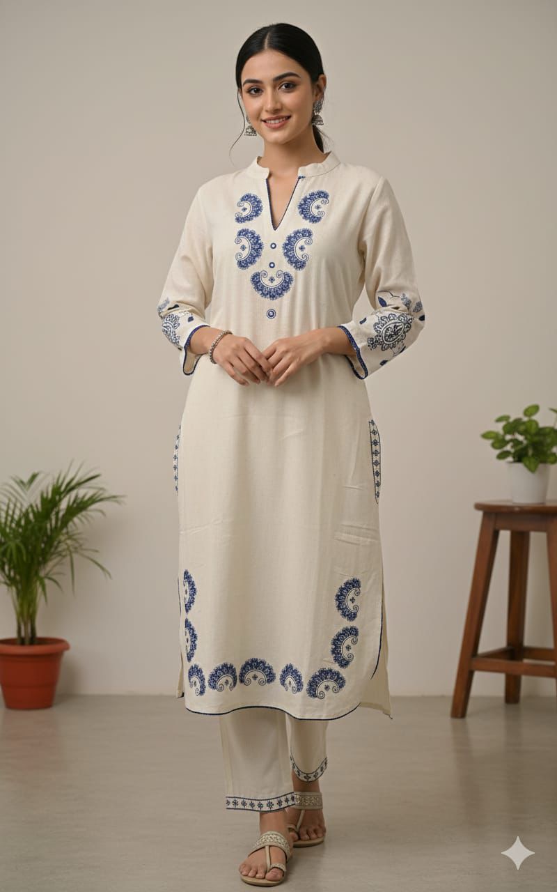 White cotton flex kurta pant set with allover embroidery and lace work front view - WishTown Fashion Club