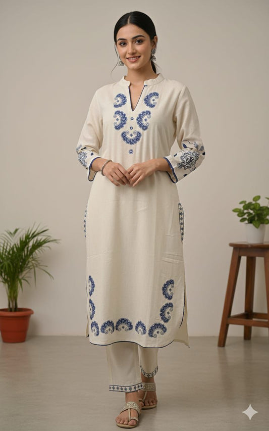 White cotton flex kurta pant set with allover embroidery and lace work front view - WishTown Fashion Club