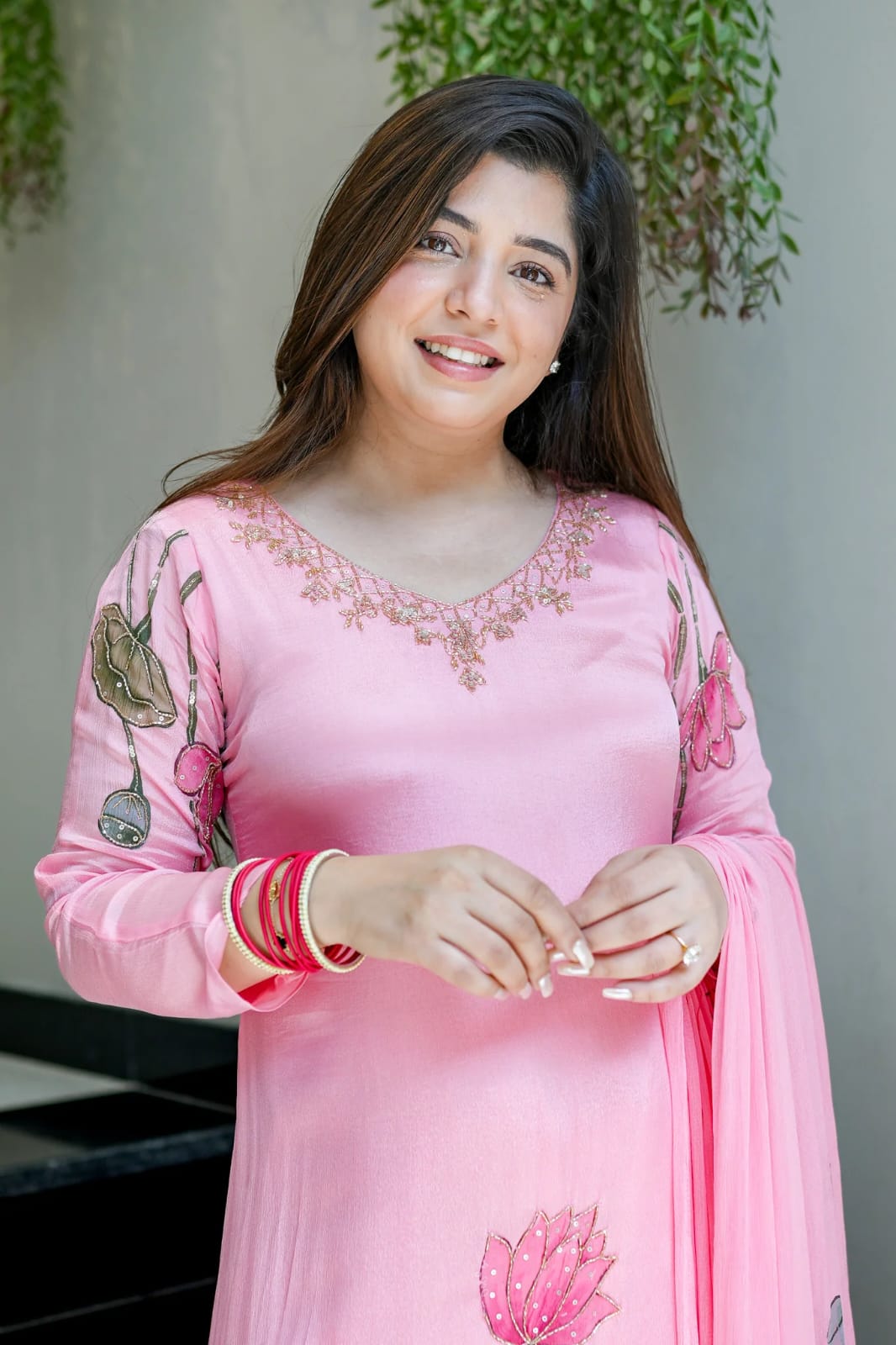 Pink festive Chinon kurti pant dupatta set with intricate hand work - WishTown Fashion Club
