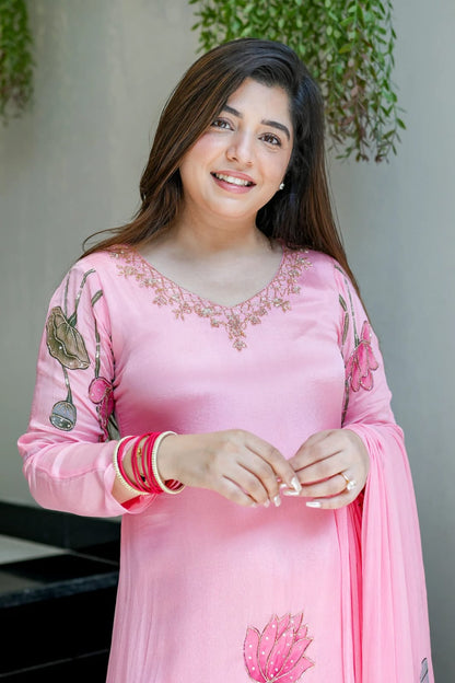 Pink festive Chinon kurti pant dupatta set with intricate hand work - WishTown Fashion Club
