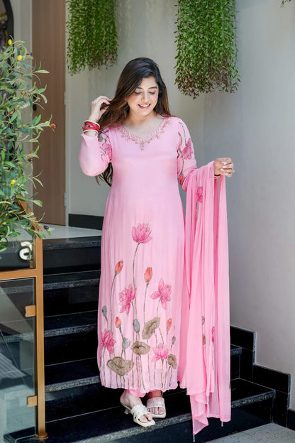 Pink premium Chinon A-line kurta set with full hand work neckline front view - WishTown Fashion Club
