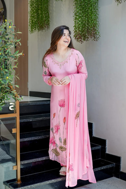 Pink designer A-line kurta set wedding wear ethnic look - WishTown Fashion Club
