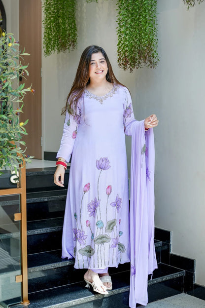 Lavender festive Chinon kurti pant dupatta set with detailed hand work - WishTown Fashion Club

