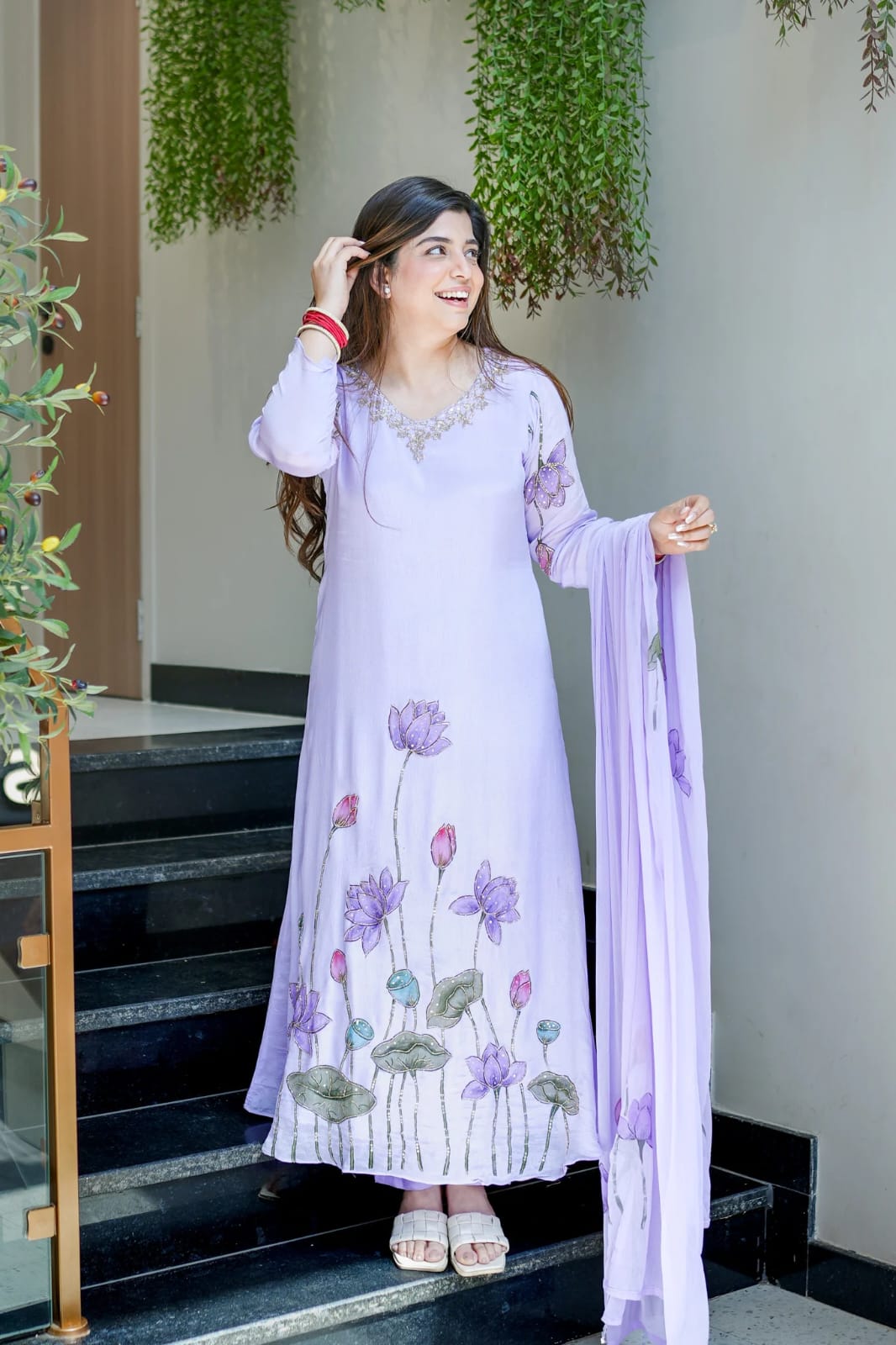 Lavender premium Chinon A-line kurta set with full hand work neckline front view - WishTown Fashion Club
