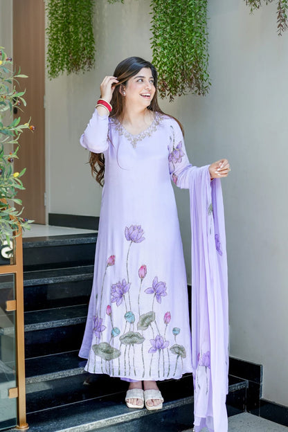 Lavender premium Chinon A-line kurta set with full hand work neckline front view - WishTown Fashion Club
