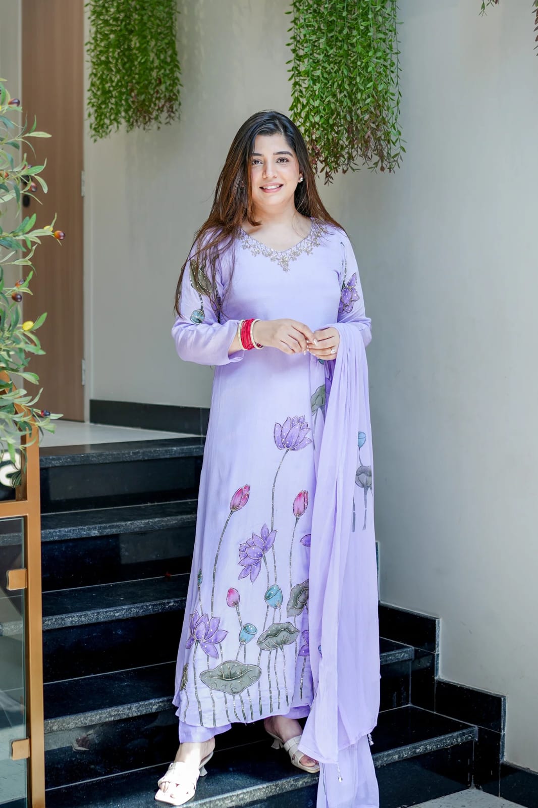 Lavender Chinon hand work kurti set elegant party wear look - WishTown Fashion Club
