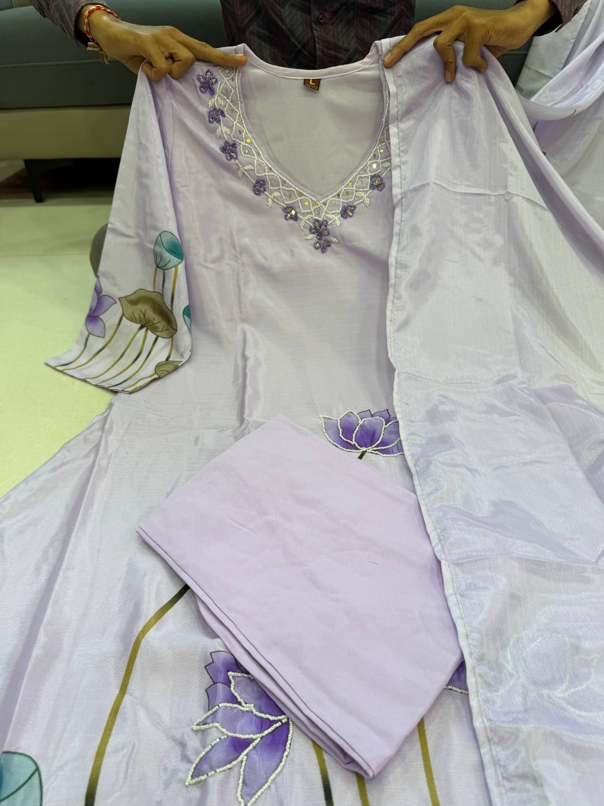 Lavender three piece Chinon kurta set with matching dupatta full outfit view - WishTown Fashion Club