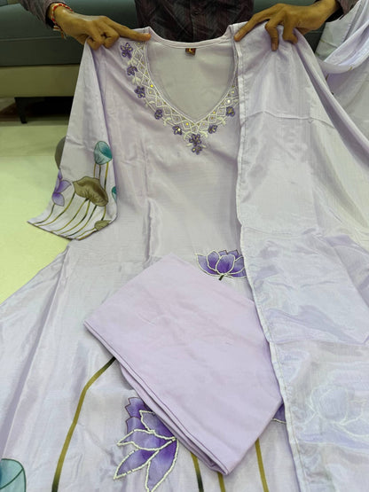 Lavender three piece Chinon kurta set with matching dupatta full outfit view - WishTown Fashion Club