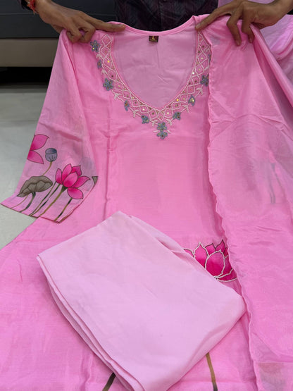 Pink three piece Chinon kurta set with matching dupatta full look - WishTown Fashion Club