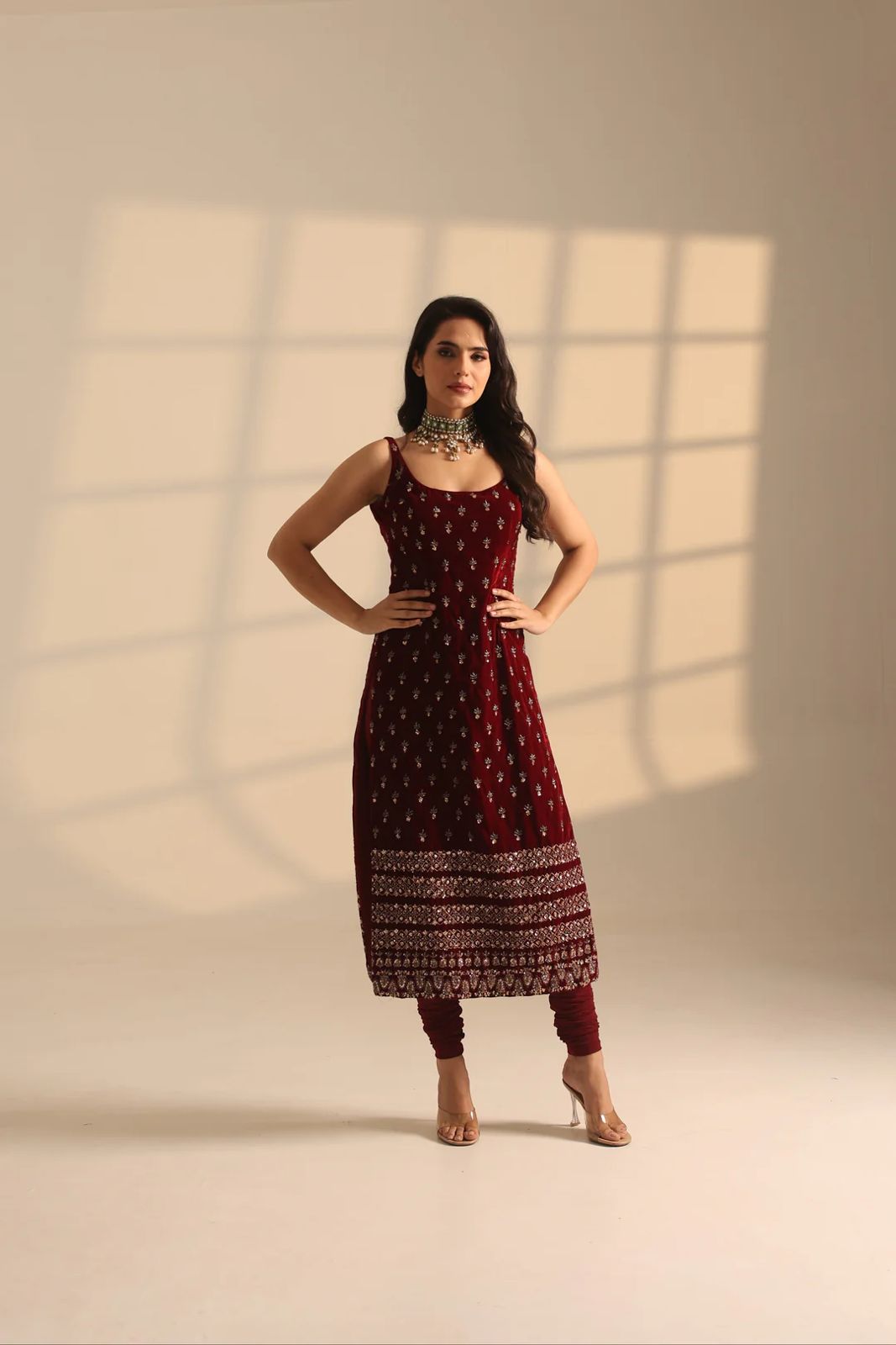 Maroon Roman Glass designer top pant set with thread and sequence work front view - WishTown Fashion Club