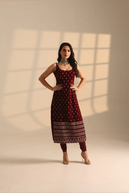 Maroon Roman Glass designer top pant set with thread and sequence work front view - WishTown Fashion Club