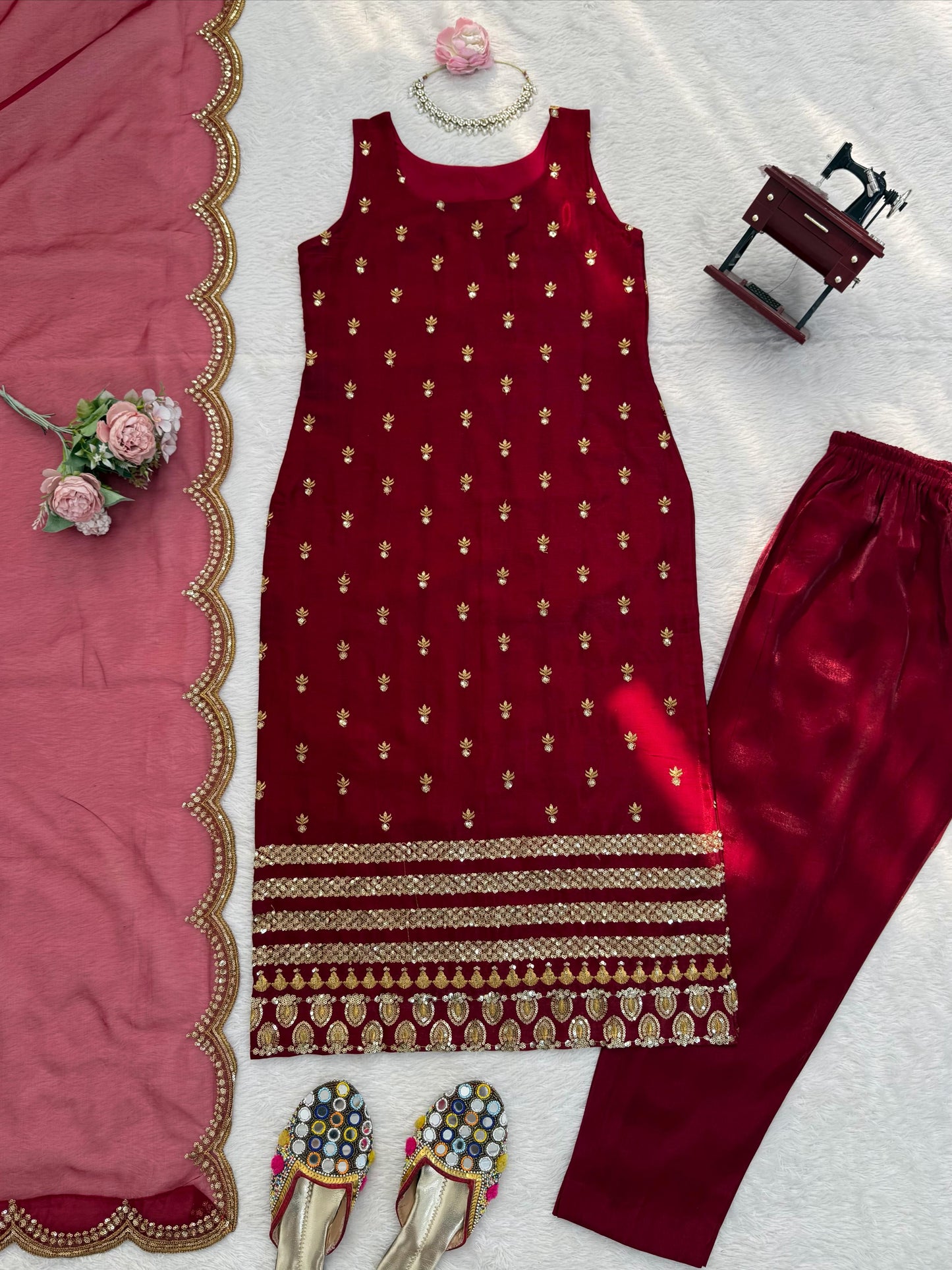 Maroon party wear Roman Glass top pant set elegant festive outfit - WishTown Fashion Club

