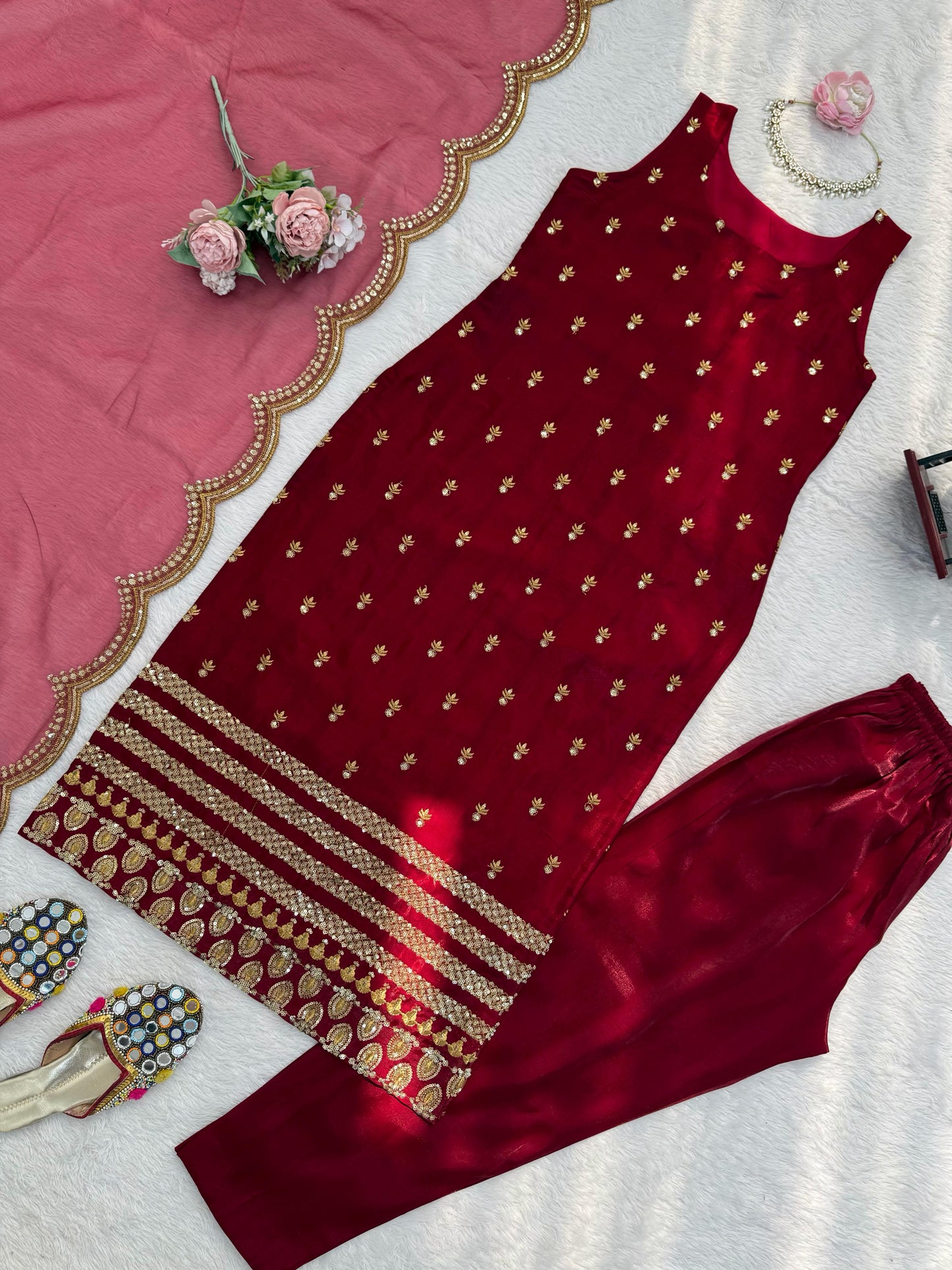 Maroon premium designer kurti pant dupatta set wedding wear look - WishTown Fashion Club