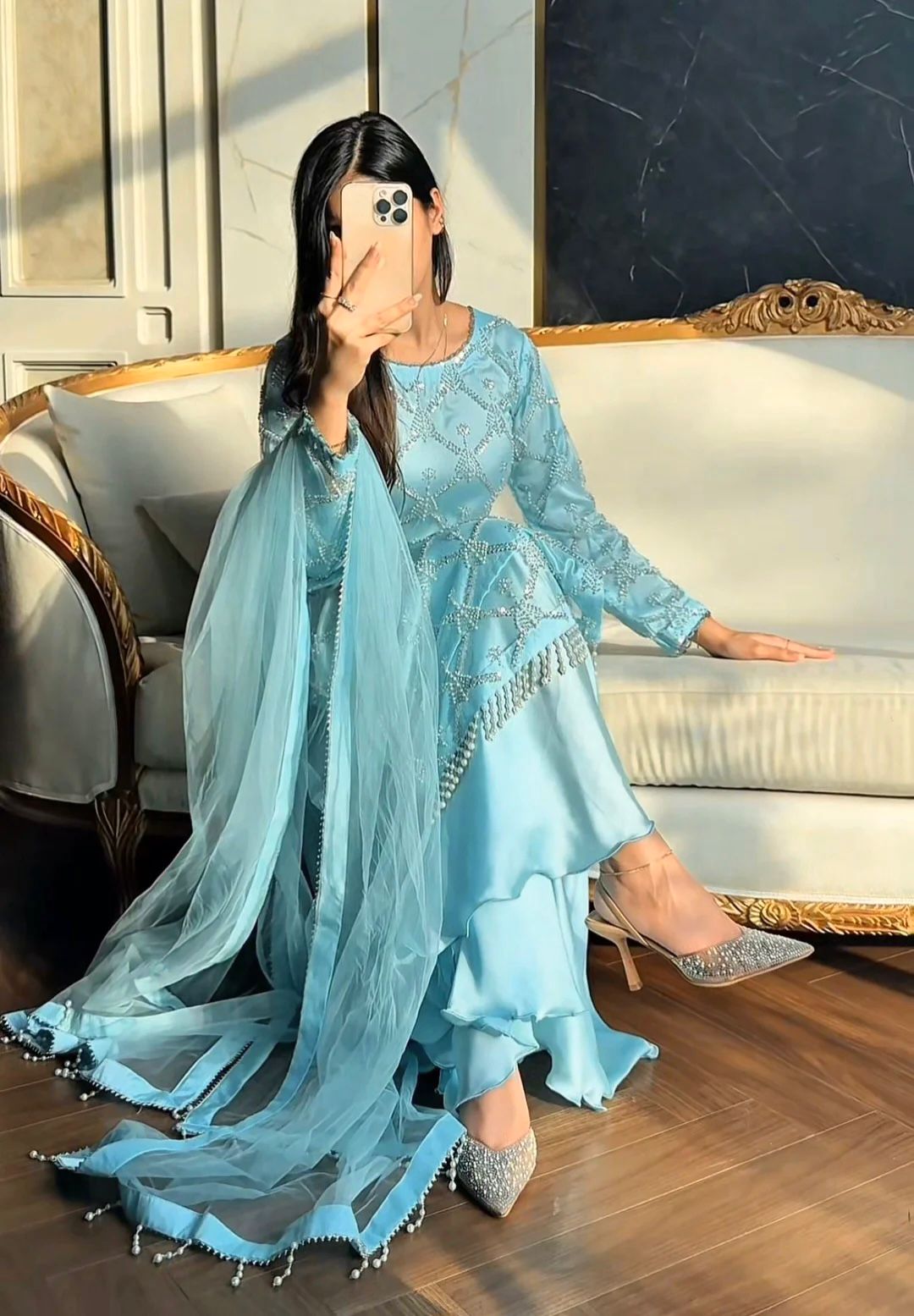 Sky blue designer party wear ethnic suit with pearl moti and lace border - WishTown Fashion Club
