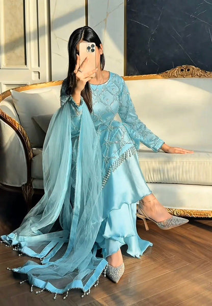 Sky blue designer party wear ethnic suit with pearl moti and lace border - WishTown Fashion Club
