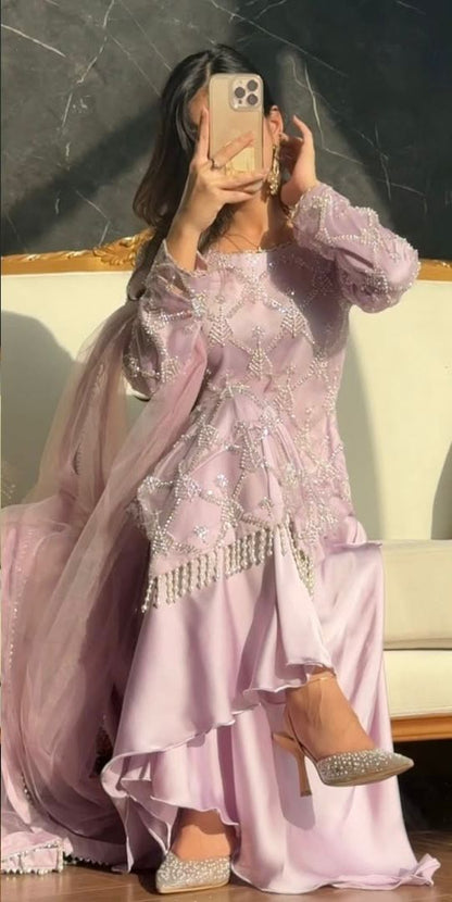 Peach heavy soft net embroidery sequence top palazzo dupatta set front view - WishTown Fashion Club
