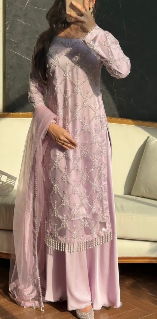 Peach designer festive ethnic suit with pearl moti and lace border - WishTown Fashion Club
