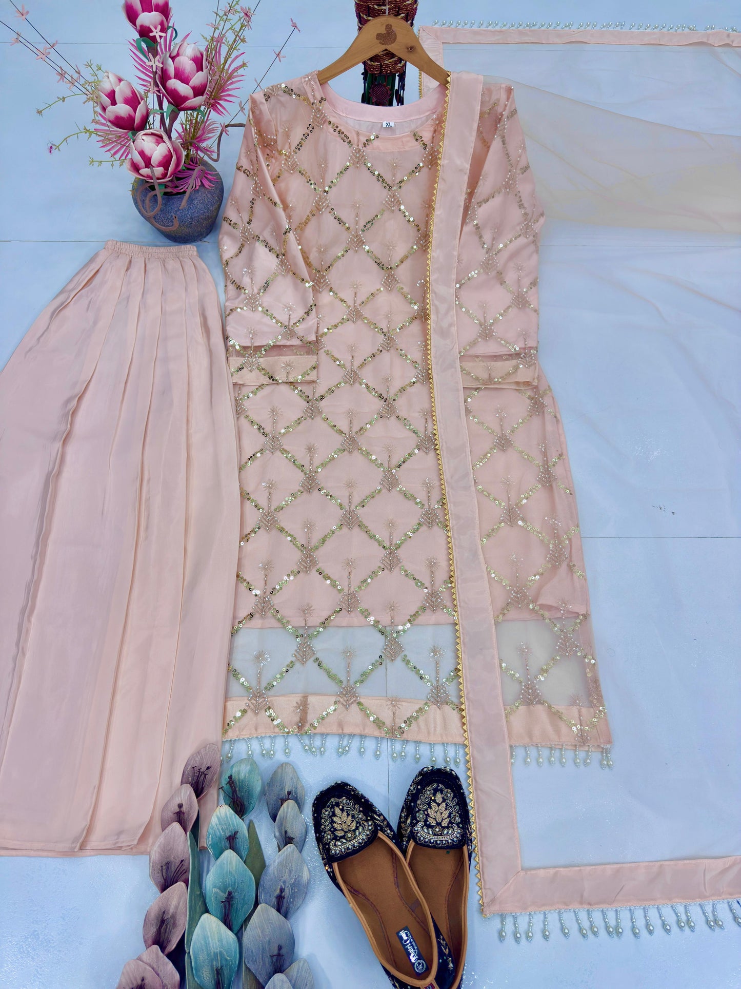 Peach premium party wear soft net palazzo suit elegant outfit look - WishTown Fashion Club