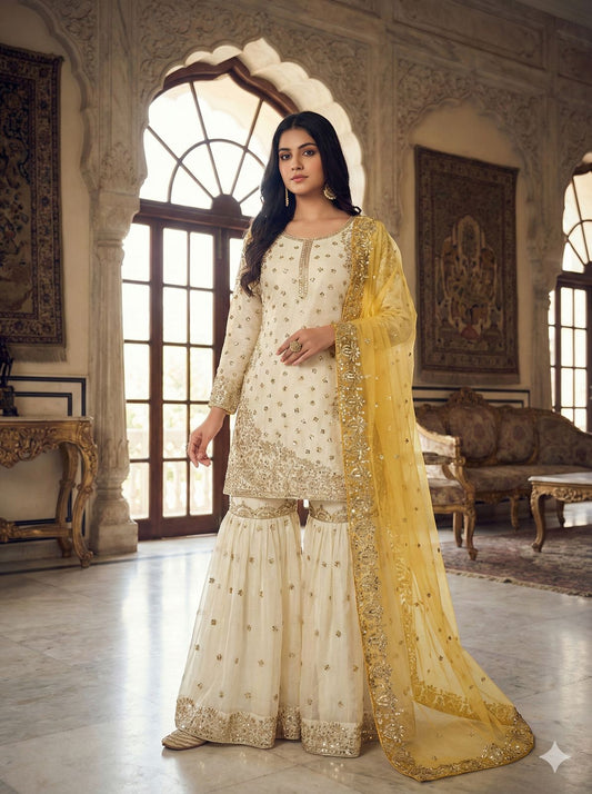Yellow Pure Fendy silk embroidered gharara set with heavy sequence work front view - WishTown Fashion Club