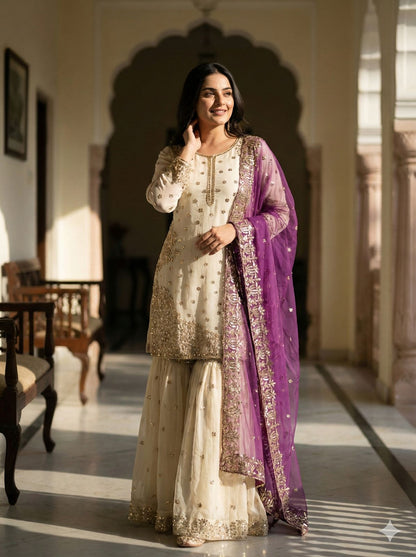 Purple Pure Fendy silk embroidered gharara set festive wear look - WishTown Fashion Club
